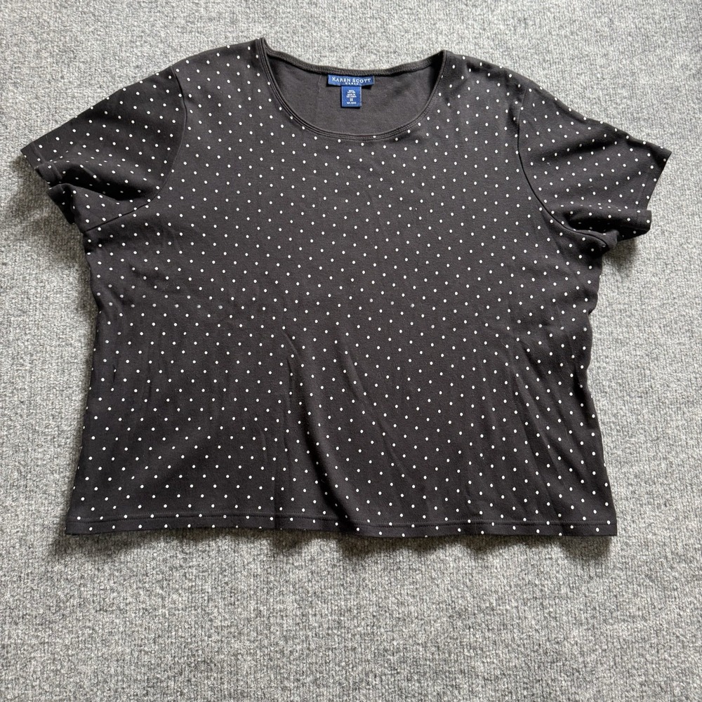 Karen Scott Womens 1X Polka Dot Shirt Black White Short Sleeve Crew Neck Top